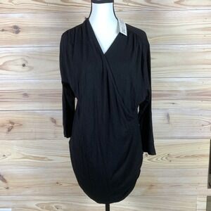 Lock & Love Top Women XXL Black Surplice Ruched Long Sleeve Draped Blouse New